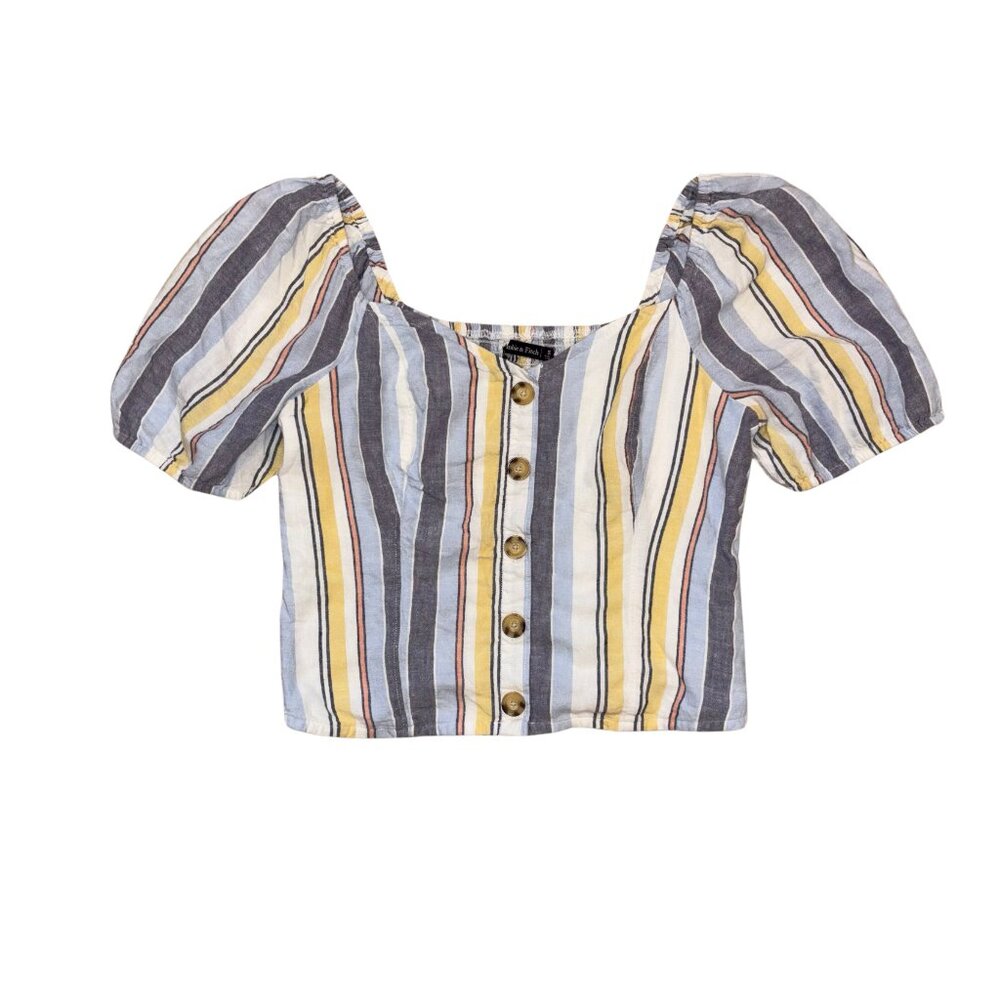 Abercrombie & Fitch Cropped Puff Sleeve Top Multi-Color Stripe Square Neck